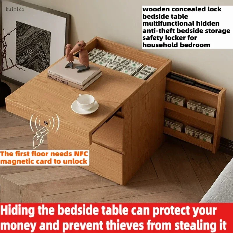 Solid Wood Bedside Table With Hidden Safe NFC Card Unlock Secret Compartment Bedroom Nightstand Safe Storage Cabinet Furniture