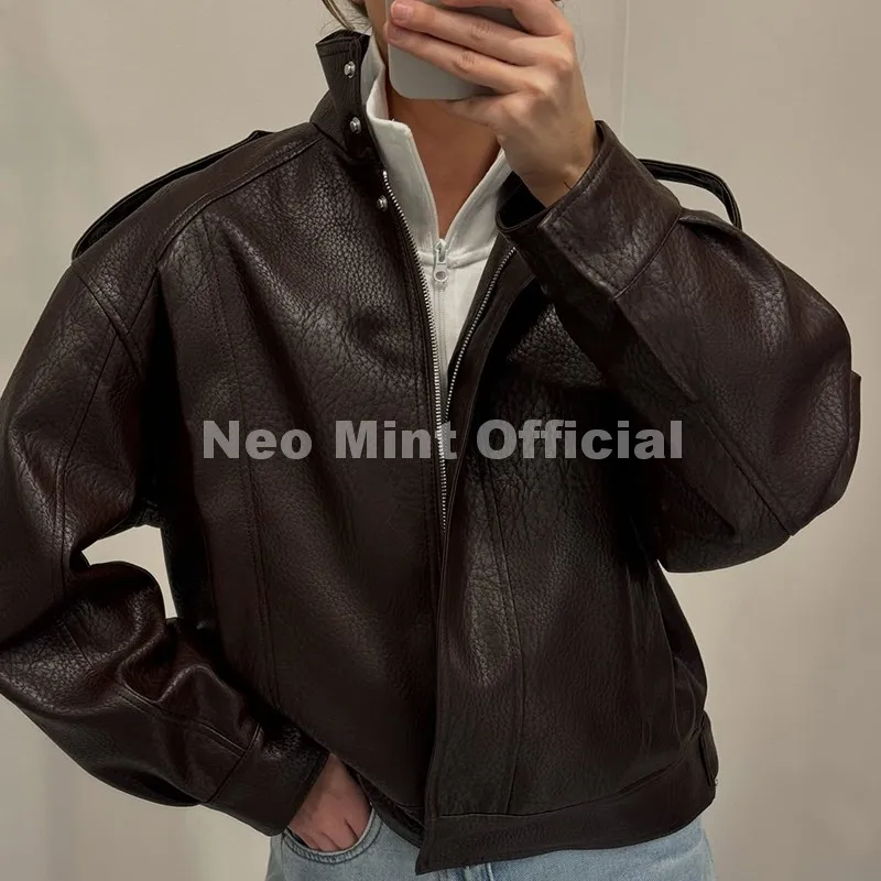 Neo Mint Autumn 2026 New Black PU Leather Jacket Woman Cool Retro Street Fashion Girls Faux Leather Aviator Coat Outerwear Women