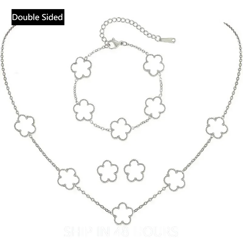 Silver Color Clover Jewelry Set for Women Stainless Steel Hypoallergenic Waterproof Flower Earrings Chain Necklace Bracelet New