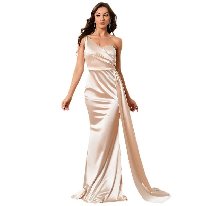 Ele Pure Color Satin Long Wedding Dr High Waist Fi Tail Gown Svel Ele Evening Dr للنساء #5