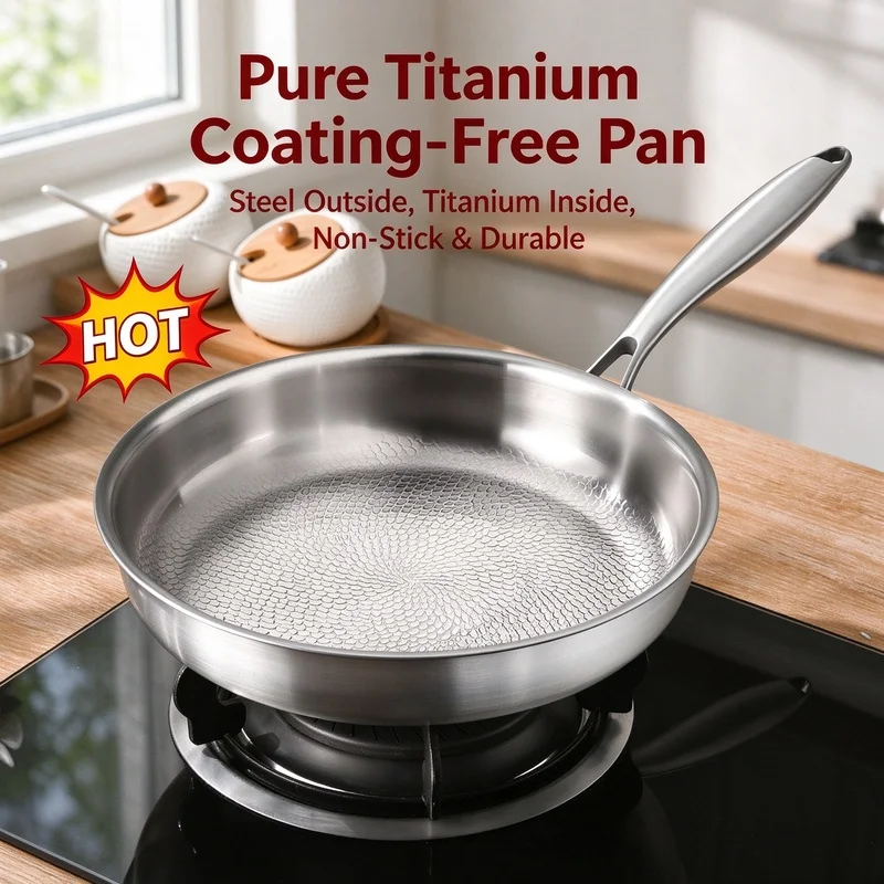 22/24/26/28/30cm Titanium Stainless Steel Frying Pan Non-stick Wok Home Egg Steak Skillet Induction Gas Stove Kitchen Cookware