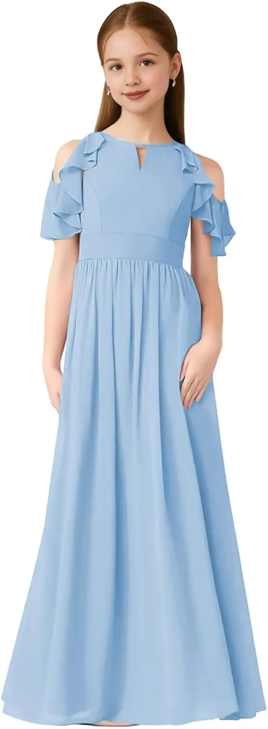 A라인 오프숄더 쉬폰 플라워 걸 드레스 A라인 주니어 정장 드레스 소매가 있는 소녀용 롱 드레스 프로무 드레스