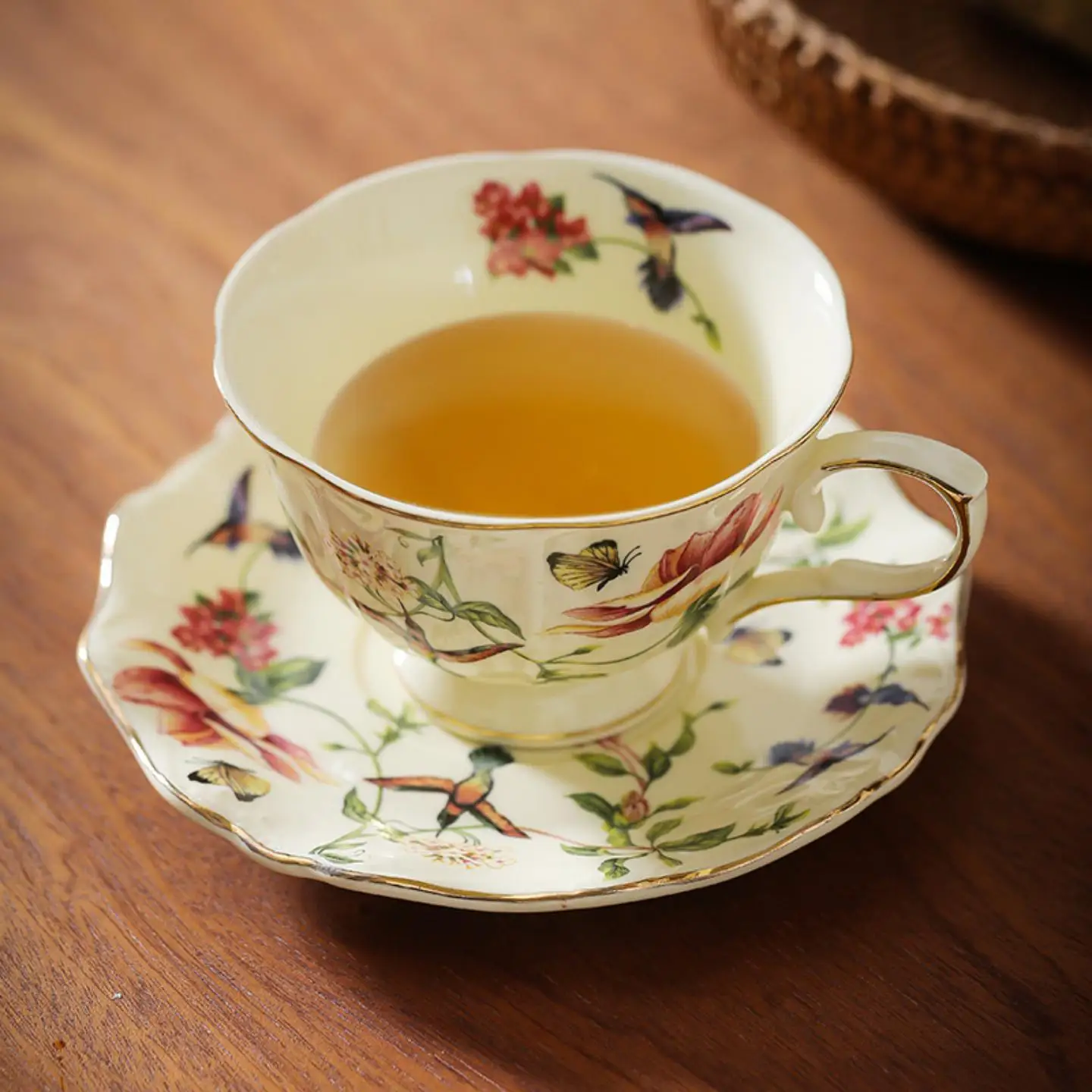 European style gold edged floral coffee cups and plates, vintage countryside style floral vine ceramic cups and plates