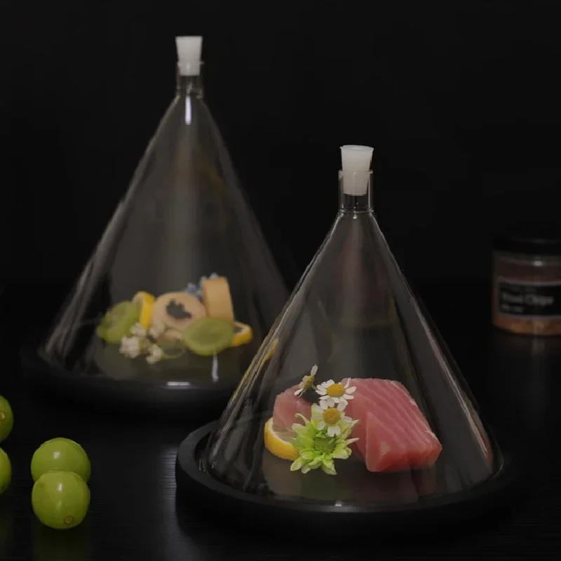 Japanese Wooden Display Tray with Conical Glass Cover Storage Tray Japanese Cuisine Smoked Main Course Display Tray Tableware