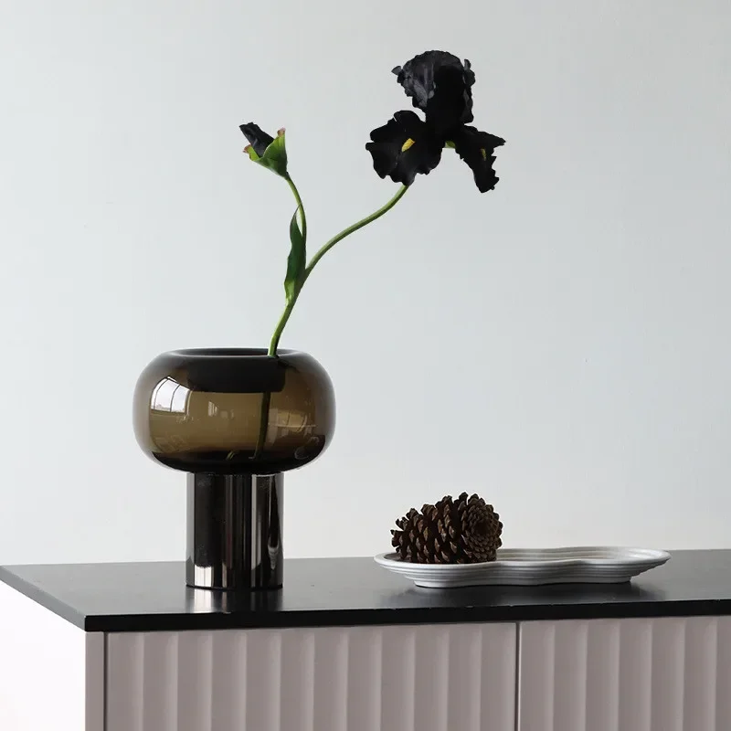 Dark Glass Vase, Iron Frame Cylindrical Base Flowerpot, Living Room Decoration, Creative Hydroponic Vase, Glass Container