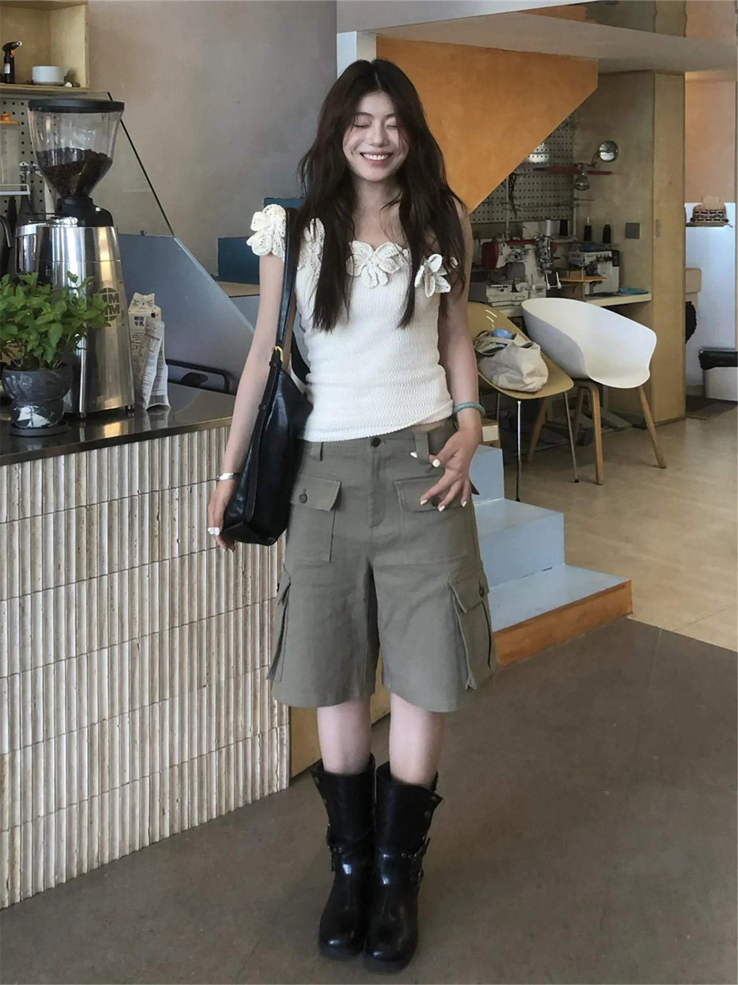 

American Vintage Khaki Color Seven Workwear Denim Shorts Women Summer Loose Slimming Multi Pocket mid Waist Jeans