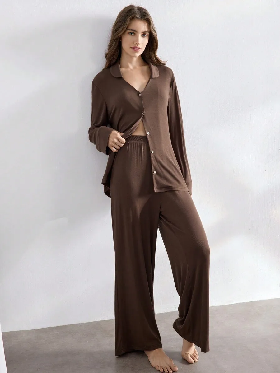 

Women Solid Color Button Front Shirt And Pants Lounge Set Cozy Elegant Fall Winter Outfit