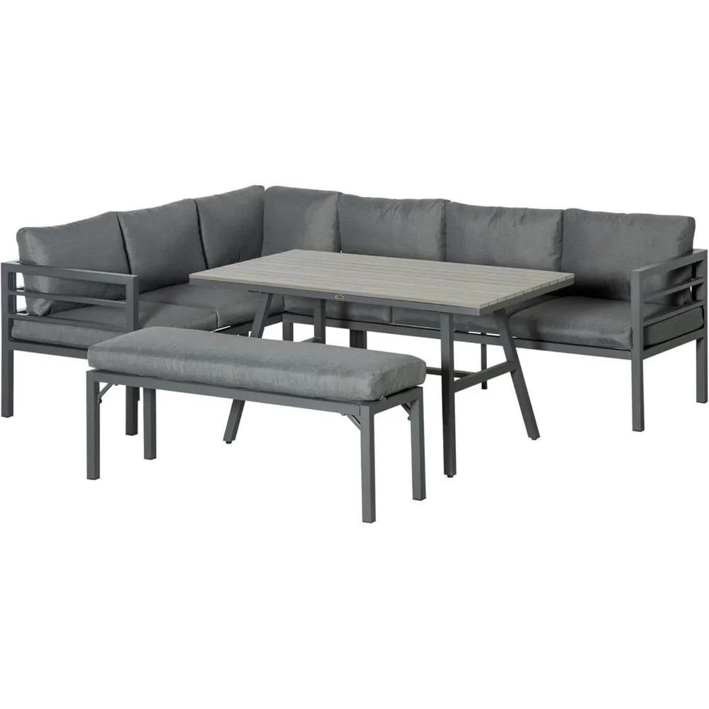 

4-Piece Patio Furniture Set, Outdoor L-Shaped Modular Sofa with 2 Sofas, Bench, Dining Table, Cushions, Aluminium Outdoor Set