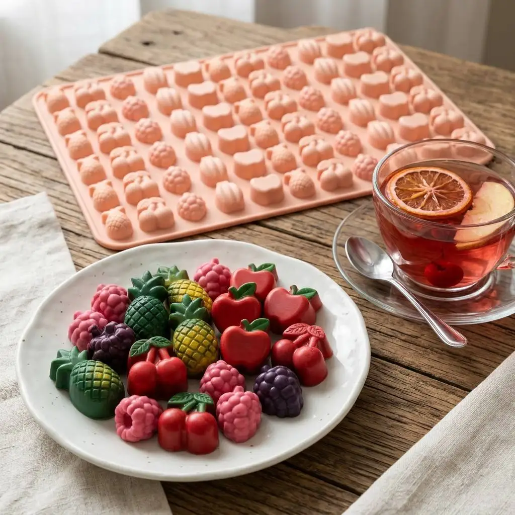 Gummy Fruit Molds, BPA Free Food Grade Silicone Molds, Chocolate Candy Mold Include  Cherries Grape Banana Apple Pineapple Shape