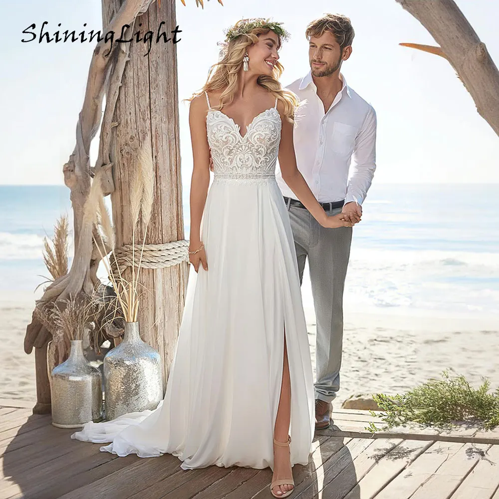 

ShiningLight Bohemian Lace Wedding Dress Spaghetti Straps Chiffon A-Line Bridal Gown Sexy High Slit Vestidos De Novia Customized