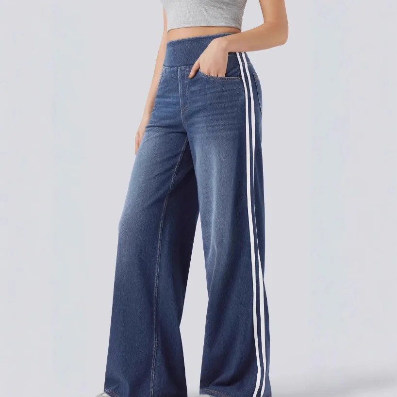 Women's Pants 2025 New Retro Washed Blue Side Striped Jeans for Women's High Street Loose and Versatile Wide Leg Floor Pants