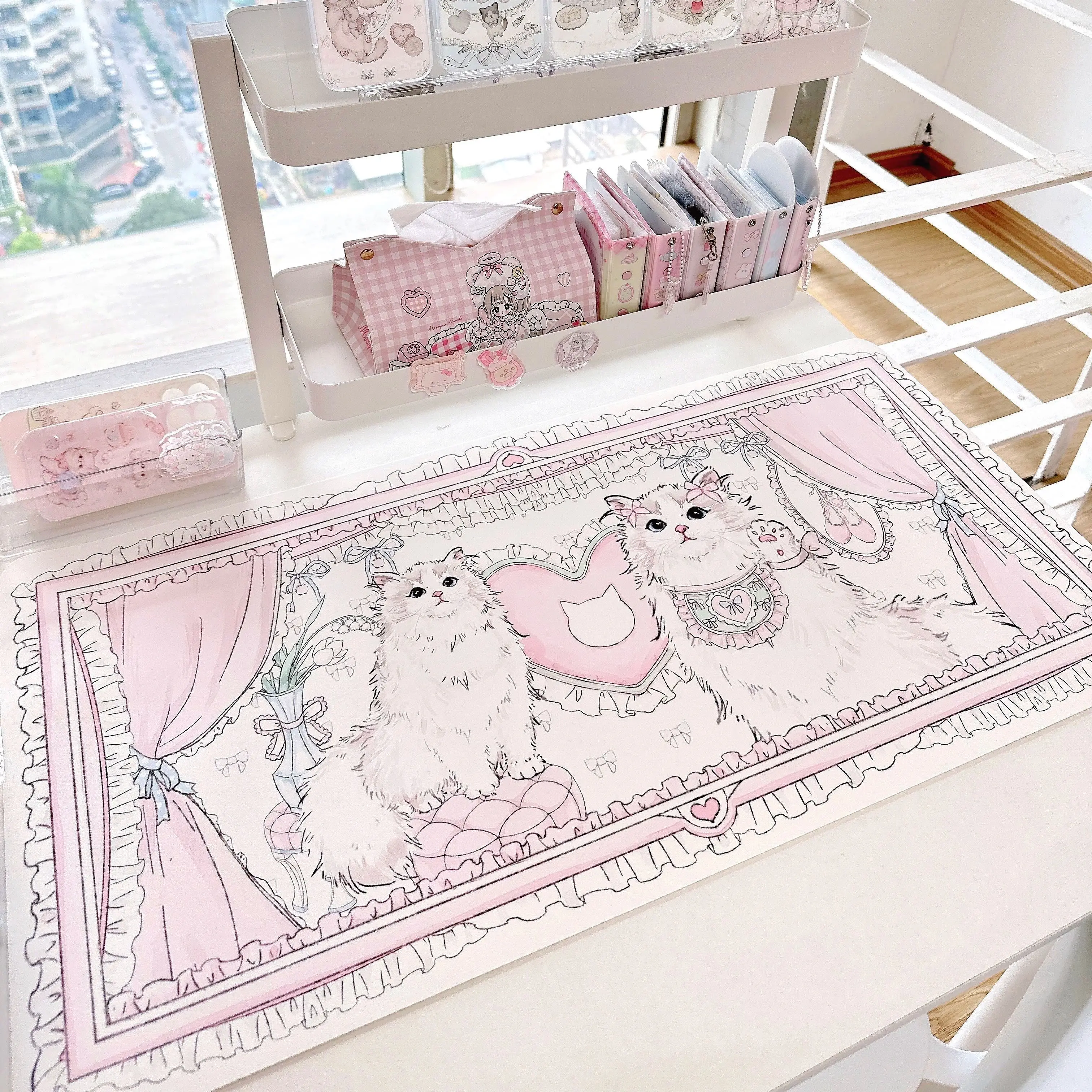Cute Ragdoll Cat Large Leather Mouse Pad Desk Mat Blue Lace Heart Waterproof PU Gaming Keyboard Mat Office Desktop Decor Laptop
