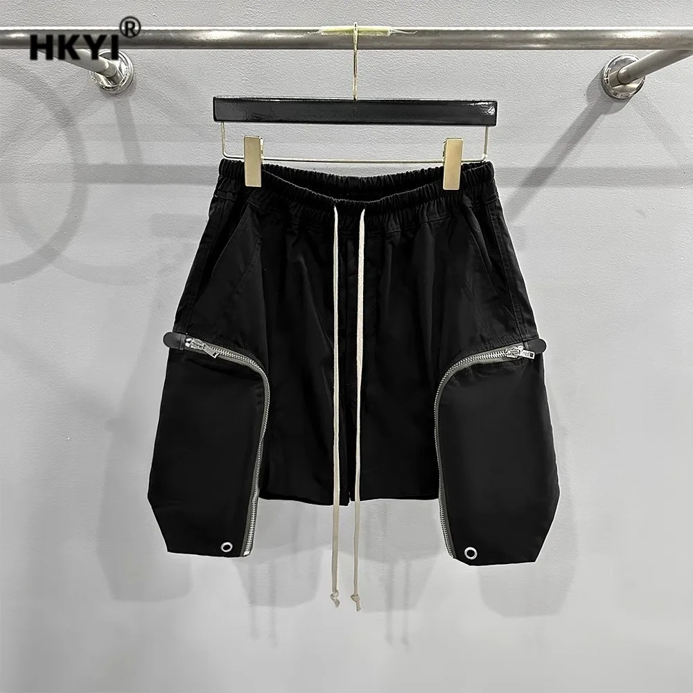 HKYI Summer Men's Large Pocket Zipper Casual Strap Wide Leg Five Point Zipper Side Pocket Shorts