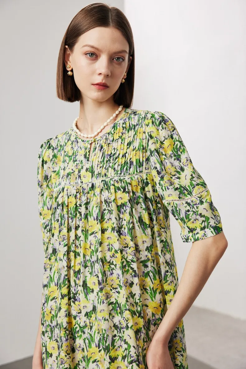 100% 天然シルクの女性のドレス O ネック半袖花柄プリントシャーリングハイストリートファッション Vestidos