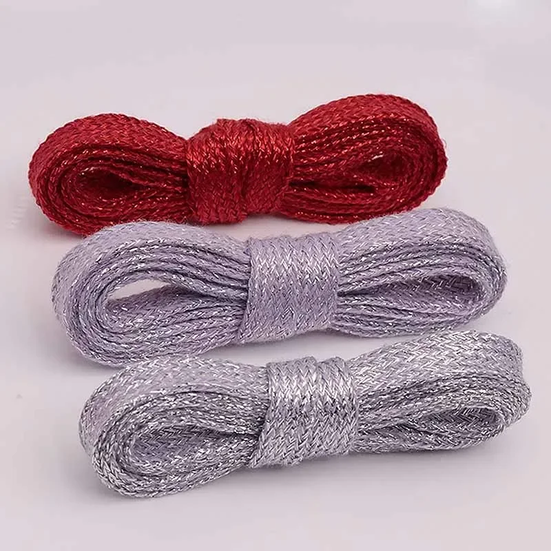 Coolstring 7MM Metallic Yarn Shoelace Red Silver Grey Solid Shining Color for Dress Waist Shoes Formal Occasion Wearing Cordones