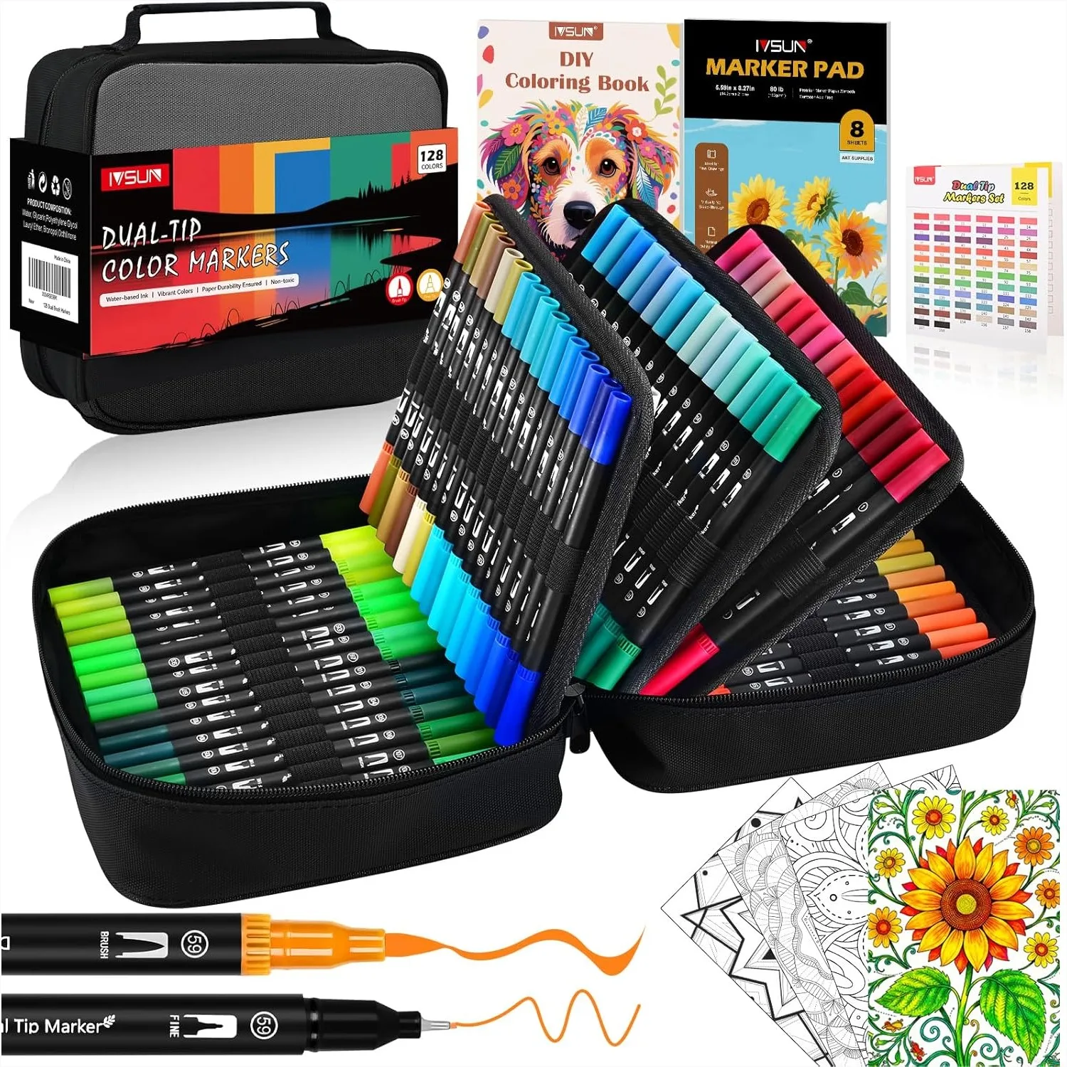 

128 Colors Dual Brush Marker Pens Set with Fine & Brush Tip for Adult Coloring Books, Bullet Journaling, Drawing, Note Taking