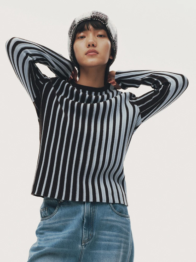 

Blue Striped adient Knitted Sweater f Made Commute Sle Slim Fit Woolen Long Sve round Ne Regular Length Single Piece