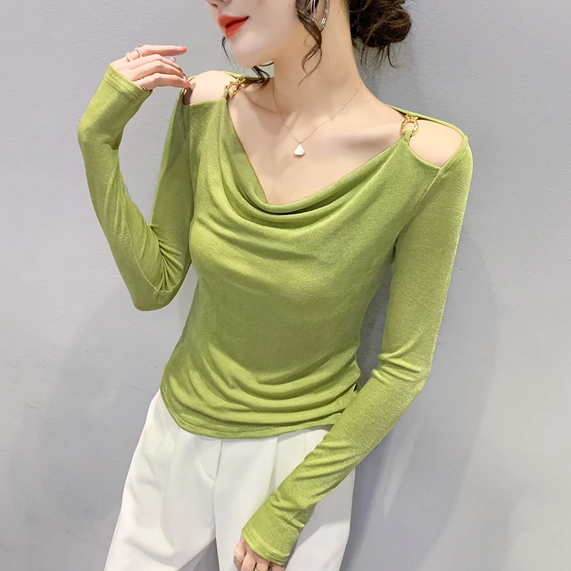 Sexy évider Base irt femmes printemps Faion nouvelle oulder exposition longue Sve Slim Fit irt coréen Sle trajet vent