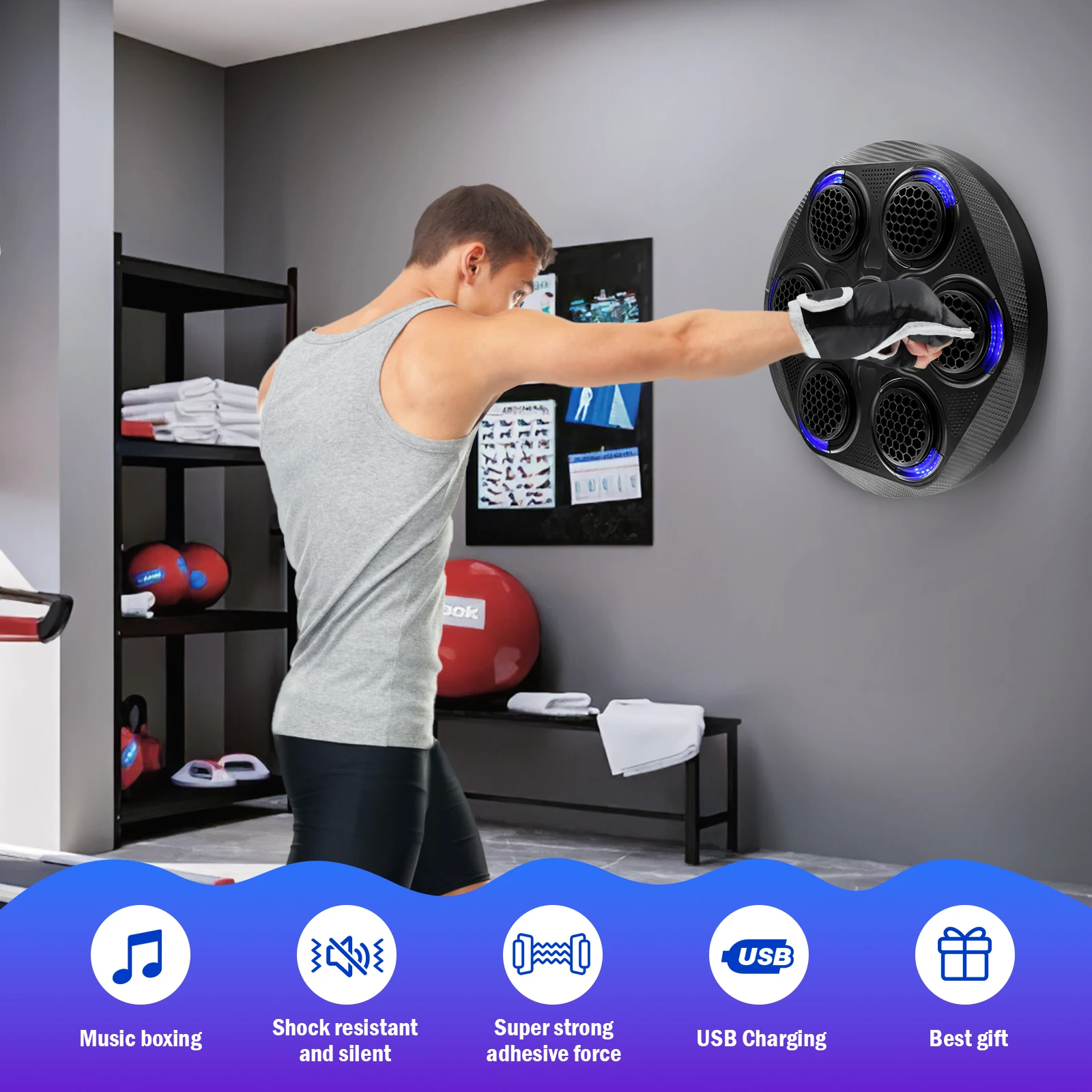 Imagem -03 - Smart Boxing Training Equipamento de Perfuração Máquina de Boxe de Música Bluetooth Montado na Parede com Luva Treinamento de Agilidade de Foco