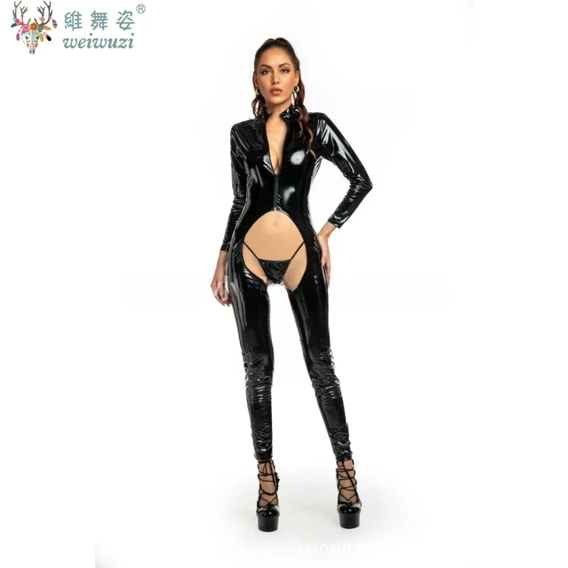 女性のセクシーな中空アウトラテックスキャットスーツ PVC フェイクレザー Wetlook ジャンプスーツホットエキゾチックな衣装ランジェリー PU ボディスーツクラブウェアオーバーオール
