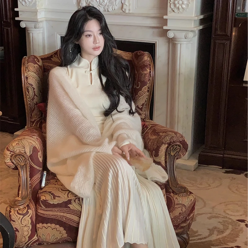 

Ele Haiyu Wool Dr Women's Autumn Cardigan awl V-ne High-waisted Long-sve A-line Two-piece Set