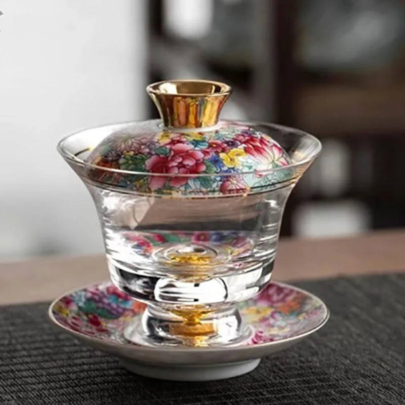 Anti-scald Thickened Glass Tureen, Tea Cover Bowl with Lid, Sancai Gaiwan, Hand Painted Shining Cover Bowl, Chinese Kungfu Tea