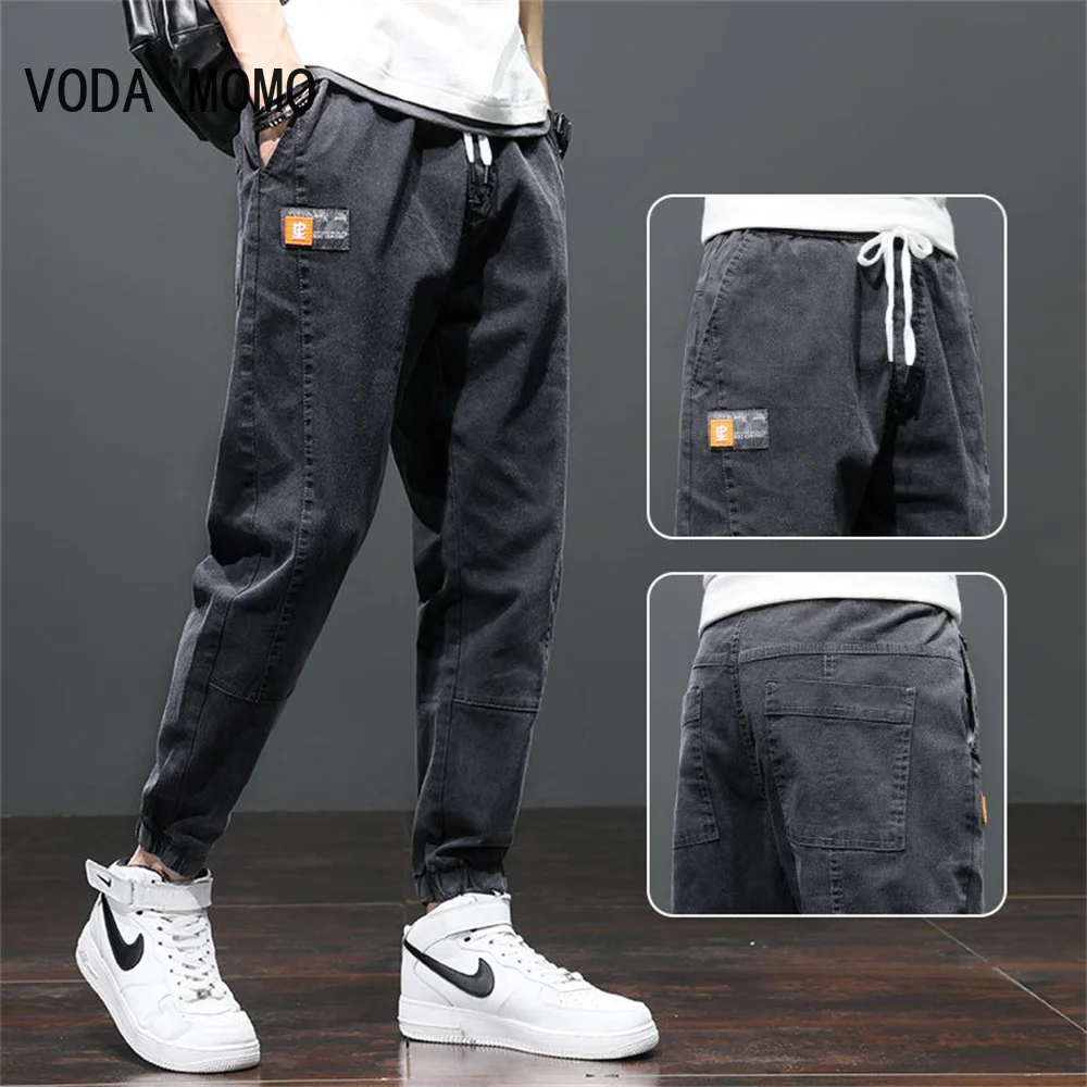 

202, весна-лето, свободные мужские джинсы с вышивкой текста, мешковатые эластичные брюки-карго Harlan, брюки-карго, мужские серые мужские джинсы-шаровары