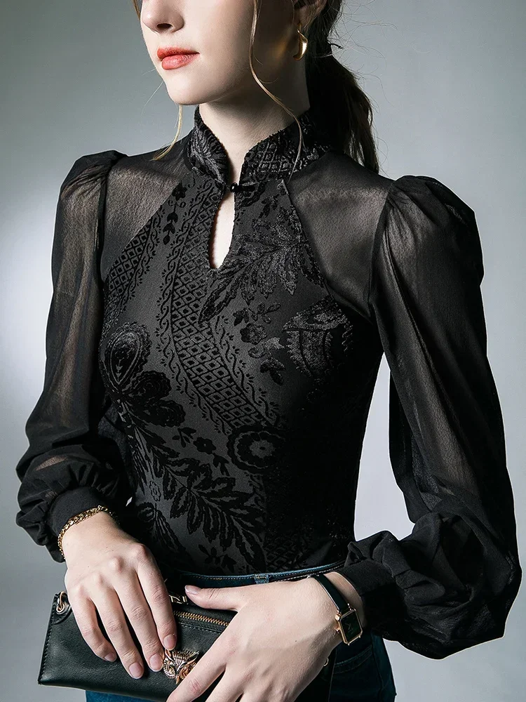 Retro Stand-up Collar Long-sleeved T-shirt Shirt Women Lantern Sleeve Bottoming Shirt Spring and Autumn Tops WJ127