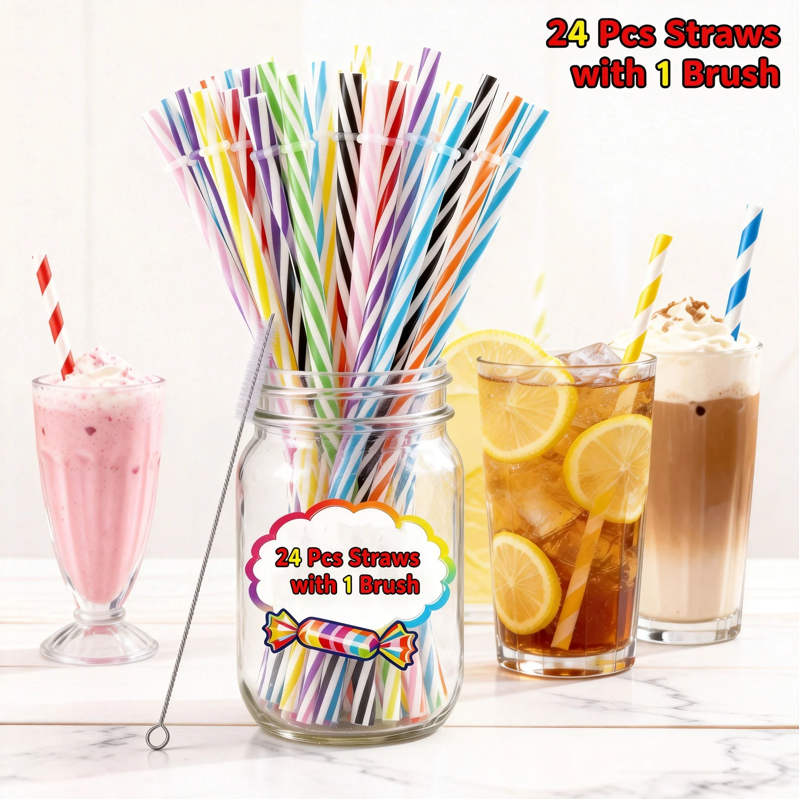 24Pcs Drinking Striped Straws Reusable Hard Plastic Straws with Cleaning Brush Assorted Color Candy-Striped Straw Party Straight