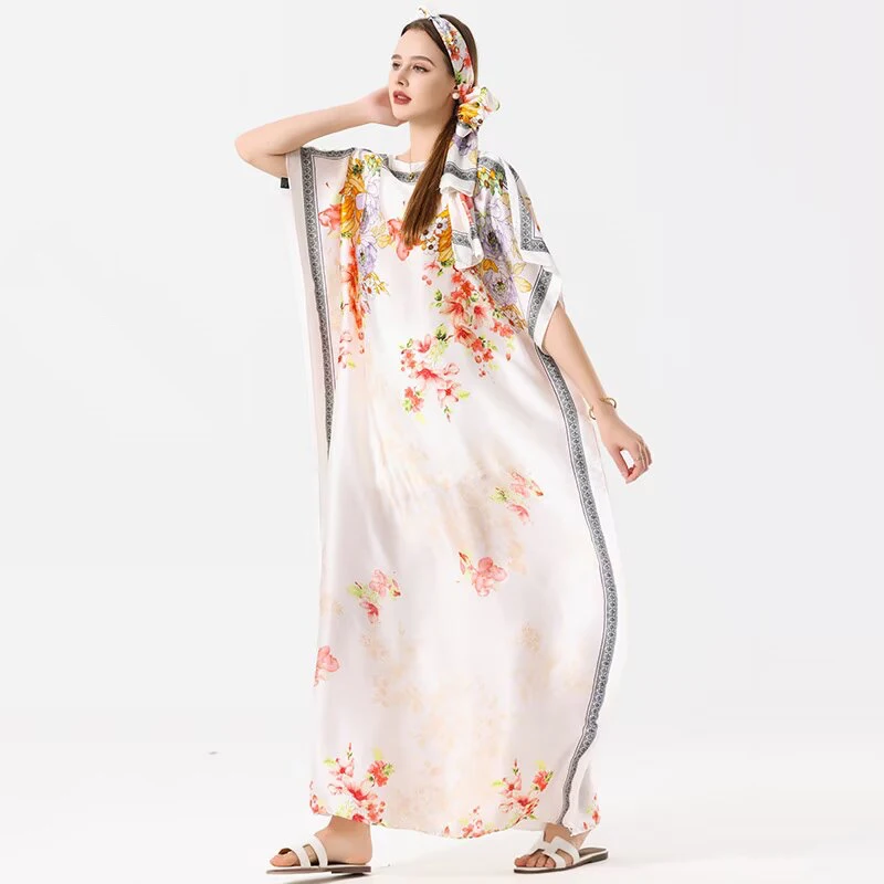 1 piece, colorful floral satin long dress, women's loose long dress, with the same color headscarf, fashionable beach robe view 2