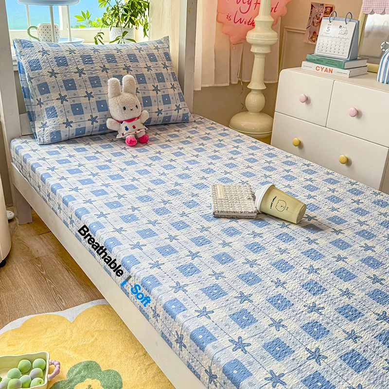 Crinkled Textured Printed Fitted Sheet, Soft Breathable Bubble Fabric Bed Fitted Mattress Cover, Bed Cover for Bedroom & Dorm