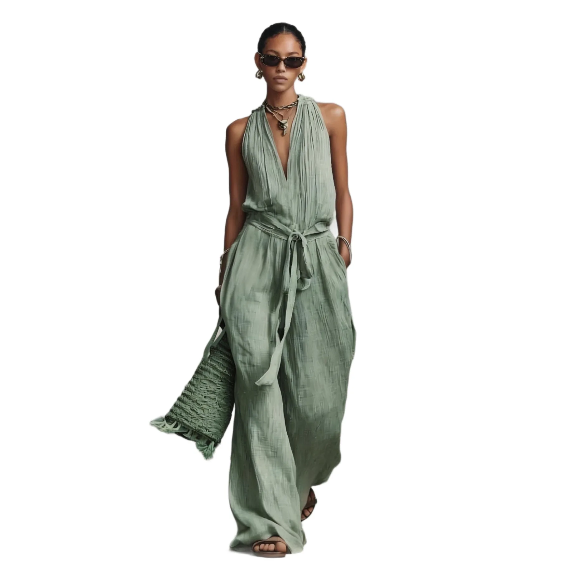 Gaun Musim Panas Wanita Linen Tanpa Lengan, Kerah Gantung, Tanpa Punggung, Tali Serut, Jumpsuit Liburan, Warna Solid, Kasual, Longgar