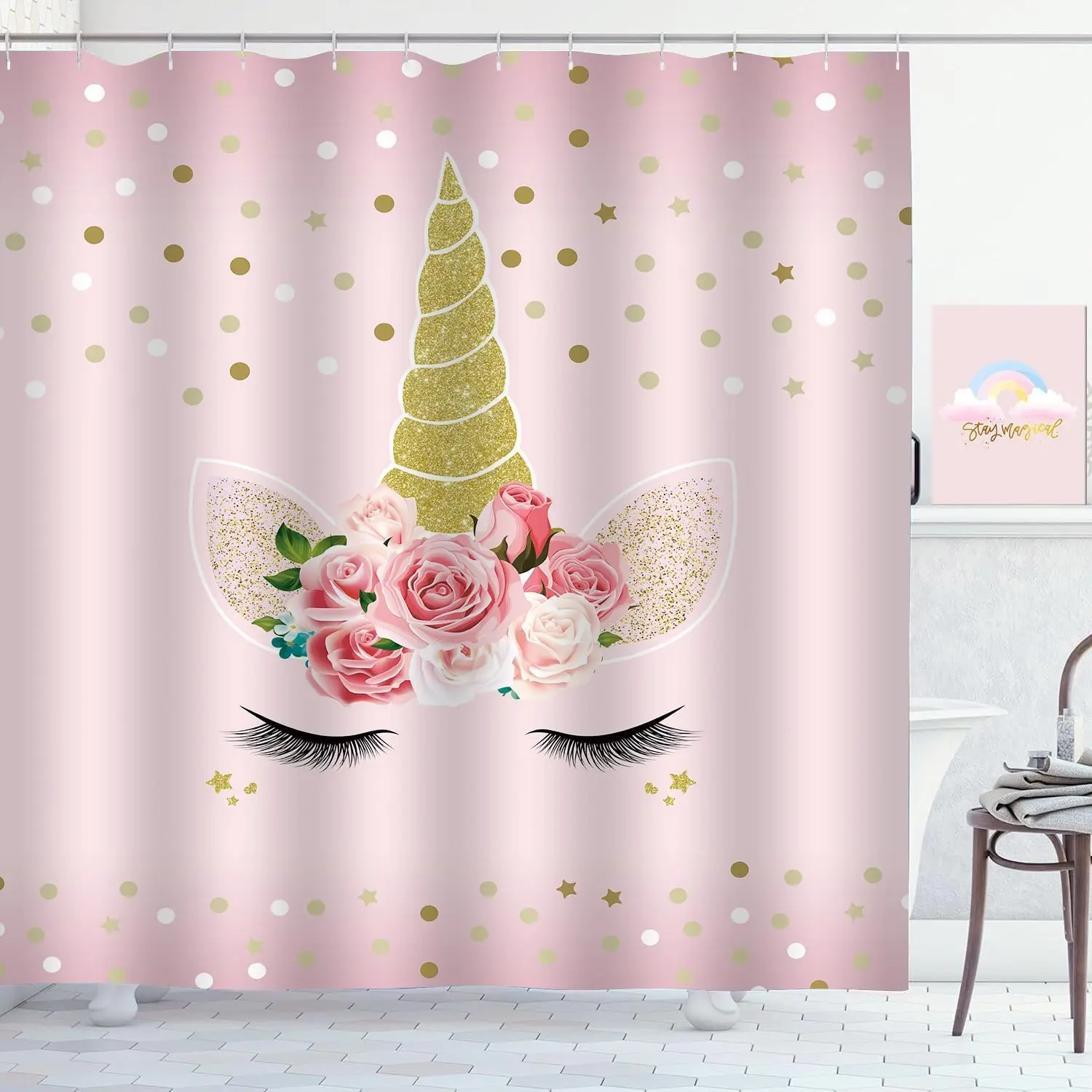 

Unicorn Polka Dot Pink Shower Curtain for Girls, Waterproof Polyester Fabric Kids Bathroom Decor with Fantasy Pattern