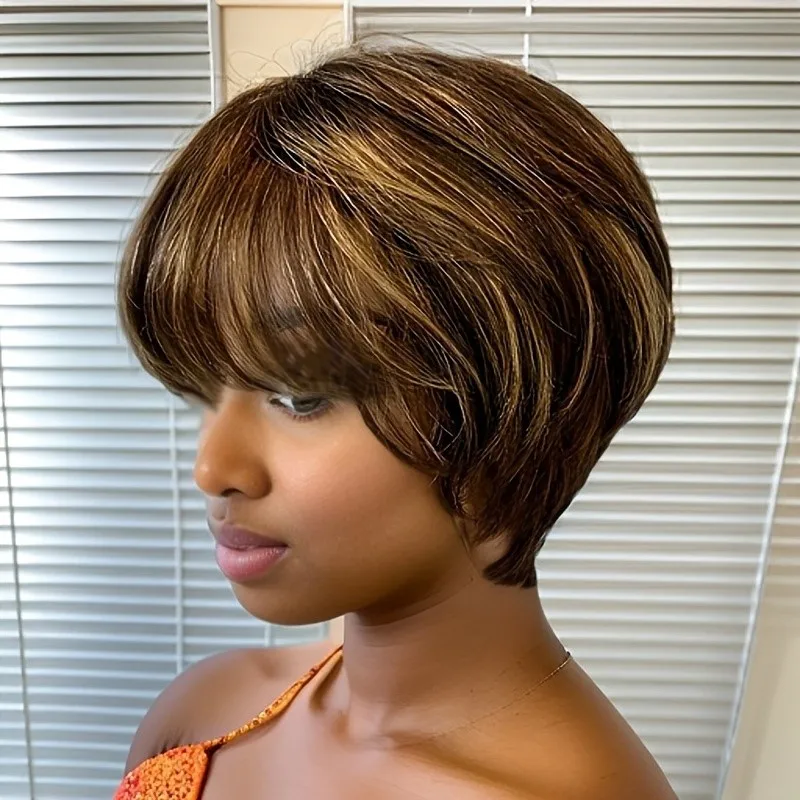 ความหนาแน่น 150% สําหรับผู้หญิงสั้นตรง 6 นิ้ว 427 ไฮไลท์สีทุกวันปาร์ตี้ Remy วิกผมเครื่องทํา pixie ตัดวิกผมมนุษย์