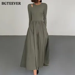 BGTEEVER BGTEEVE Hollow Out Ladies A-line Dress O-neck Full Sleeve Slim Waist Women Solid Long Dress Autumn Winter Vestidos