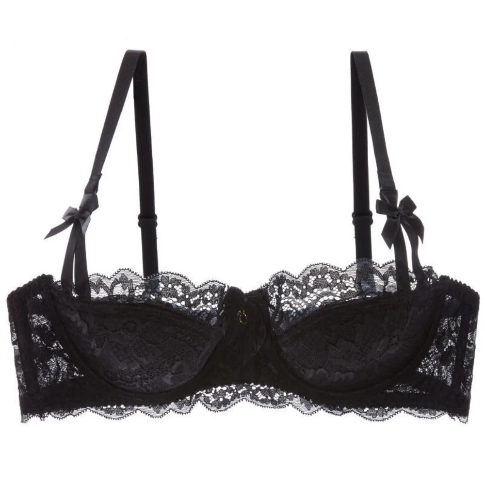 セクシー French Lace Half Cup Bra Set  Bow Shoulder Strap Thin Large Bust Minimizer Pure Desire Lingerie For Teen Girls Daily Outfit