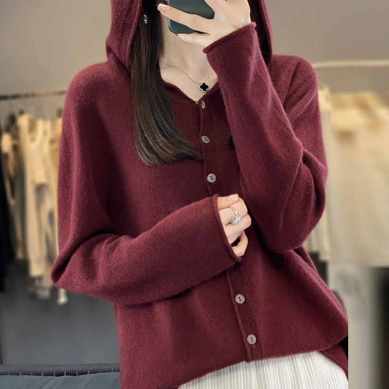 100% Pure Wool Knit Hooded Hoodie Autumn Women\'s Cardigan 2023 Autumn and Winter New Outer Tower Jacket Loose Large Size Top