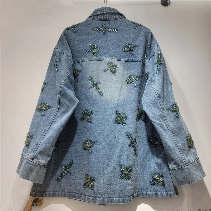 ANJY Spring Autumn New Women Trendy Fashion Retro Heavy Embroidered Flares Denim Jacket Loose Casual Versatile Long Coats A25888