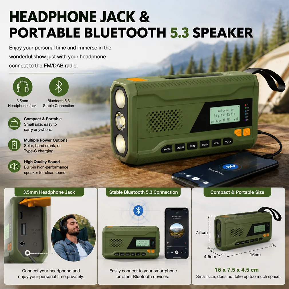 Hand Crank Solar Radio Portable DAB Emergency Radio FM Radio with Flashlight BT Speaker Weather Radio for Outdoor Camping