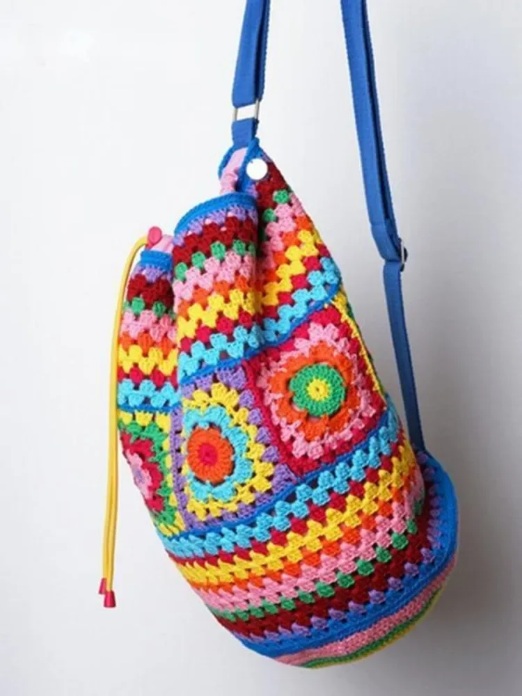 Bohemian Crochet Barrel Shaped Women Shoulder Bags Knitted Granny Square Backpacks Handmade Woven Handbag Casual Travel Bag 2023