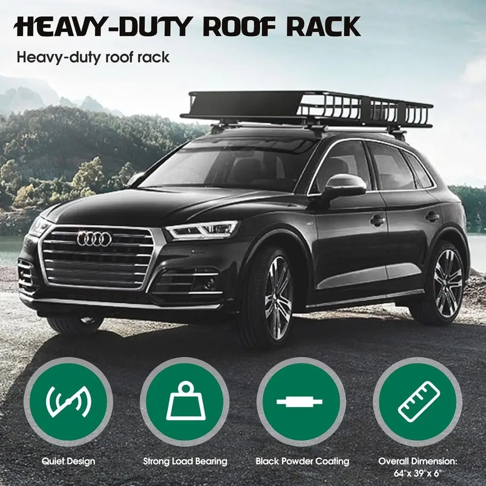 64x39x6 Large Rooftop Cargo Basket with Rust-Resistant Design and Cargo Net