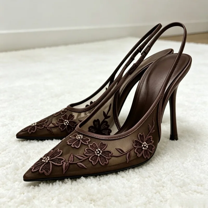 Handmade Embroidered Flower String Bead Slingback Heels Women Sexy Mesh Pointed-toe Stiletto Sandals Elegant Evening Dress Shoes