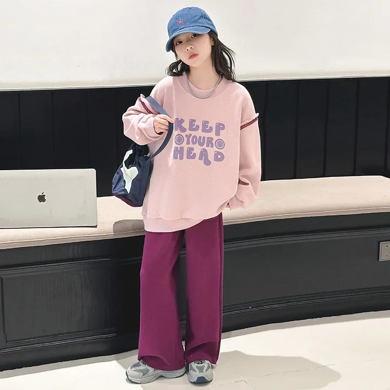 

2025 Spring Autumn Teenager Girl Tracksuit School Girl Letter Casual O-neck Pullovers+Wide-leg Pants Junior Girl 2PCS Sport Set