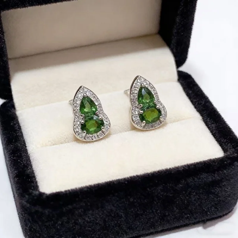 

S925 Sterling Silver Natural Diopside Stud Earrings Green Gemstone Pear And Oval Cut 3x4mm Gourd Halo Jewelry