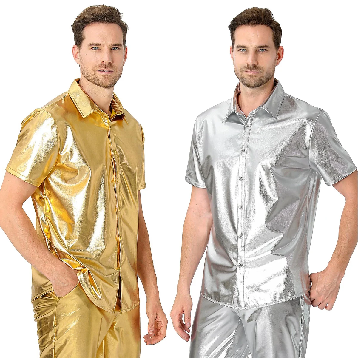 Mens Shiny Metallic Shirts Dances Stage Performance Costume Adult Disco Outfits Short Sleeve Sparkling Party Shirt