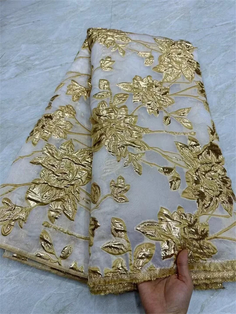 Gold African Jacquard Brocade Fabric Nigerian Floral Damask Organza Tulle Mesh Lace French Net Material Brocard Tissu 5Yards CJ3