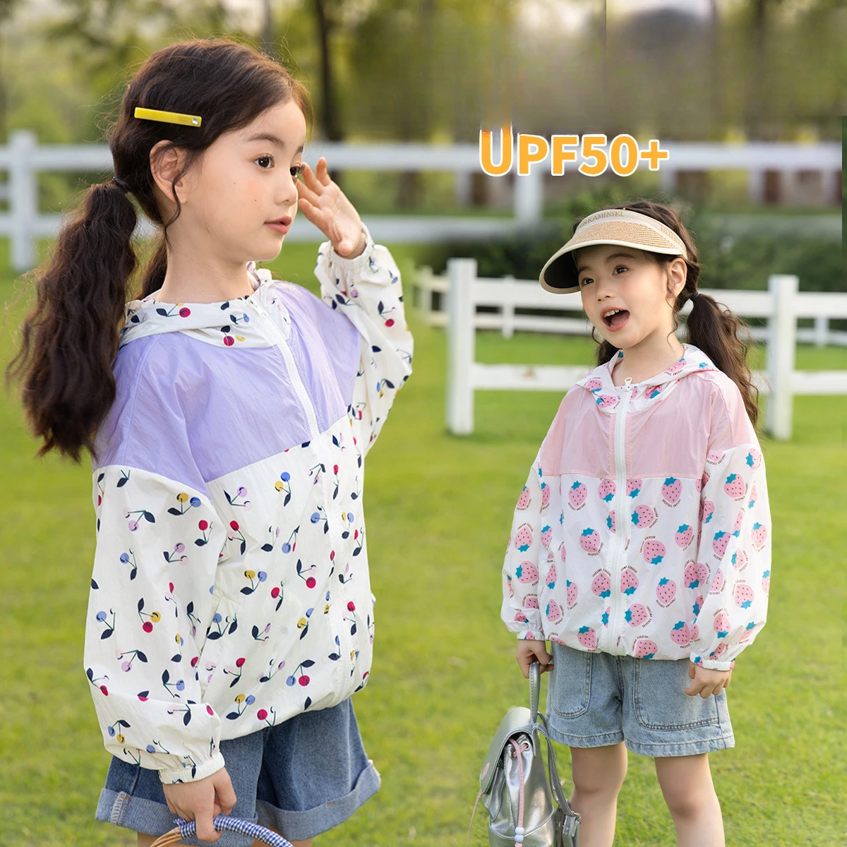 Girl Coat 2024 Summer New Lightweight Breathable Girls Outerwear Skin Clothing Fruit Print Hooded Girls Sunscreen Clothing