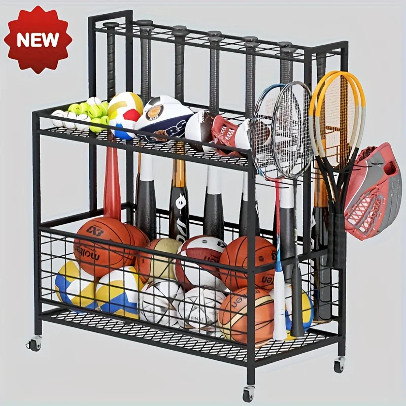 

Sports Equipment Organizer, Basketball Storage Rack, Sports Storage Cart With Basket And Hooks Mini hoop basketball Gibits baske