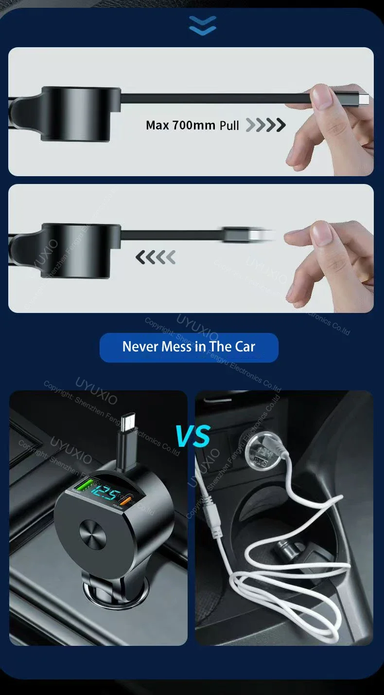 USB C Car Charger 65W Super Fast Charge with Voltage Display PD 30W Retractable Type C Cable for iPhone 16 Pro Max 15 Samsung
