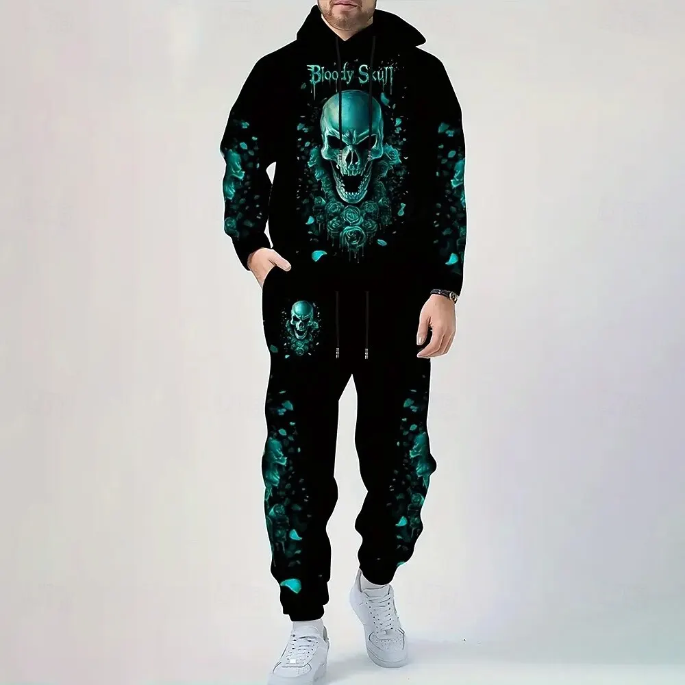 Conjuntos de sudaderas con capucha con estampado de calavera 3D para hombre, sudadera y pantalones de otoño e invierno, traje de 2 piezas, chándales informales de alta calidad a la moda